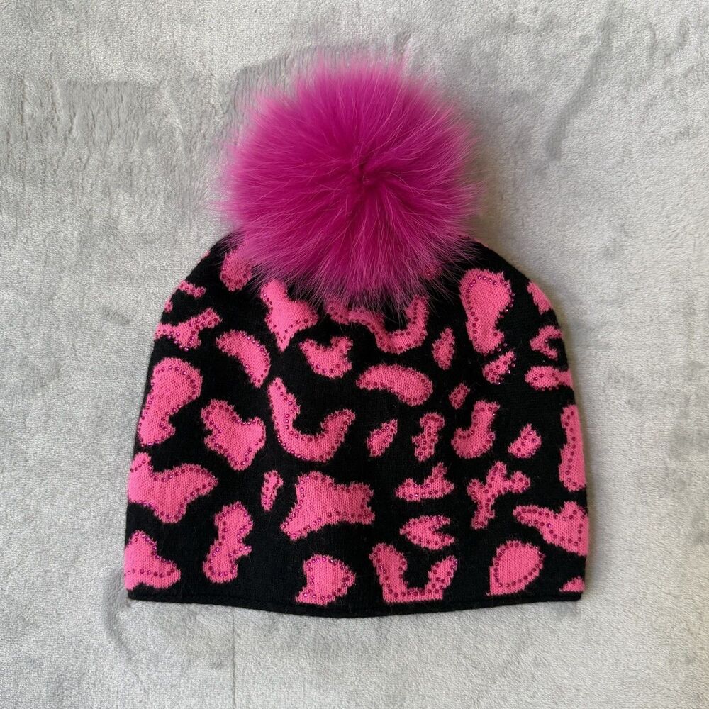 MITCHIES Matchings Crystals Beanie Real Fox Fur Pom Pink Black Leopard Hat NWOT